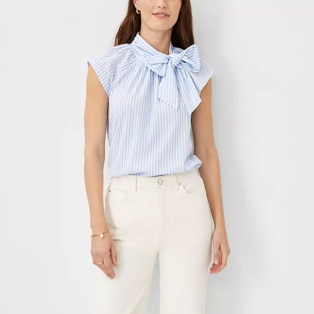 Blue Striped Women's Top with Bow Detail